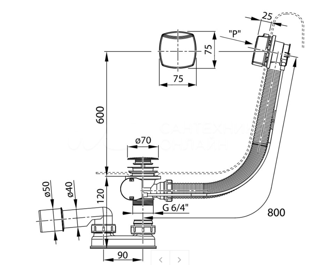 Слив перелив Хром II 80 см для ванны квадратный полуавтоматический (трос