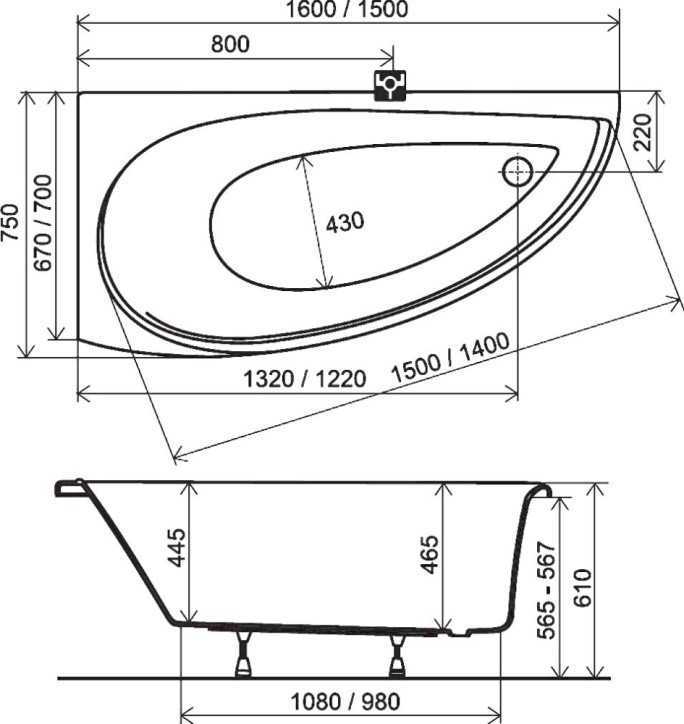 Размер ванны 1600 размеры