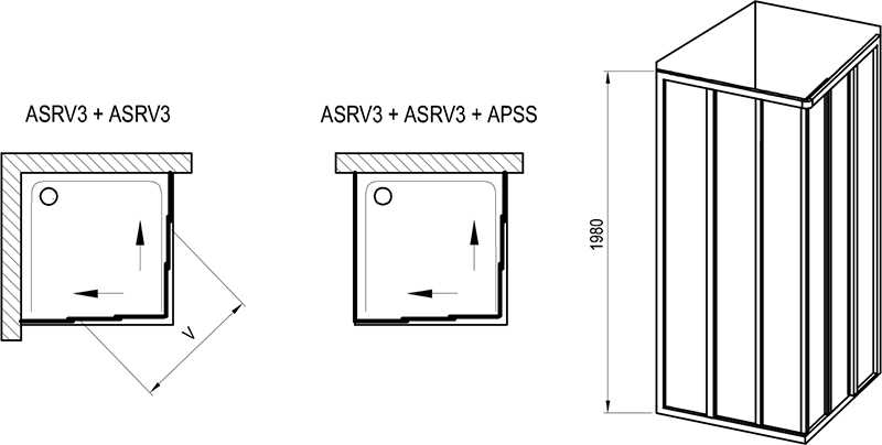 Душевой уголок квадратный ASRV3 сатин 80х198 см, Пластик Pearl